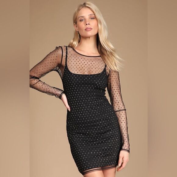 Radiant Reputation Black Rhinestone Mesh evening Holiday Bodycon Dress, S - Picture 2 of 5